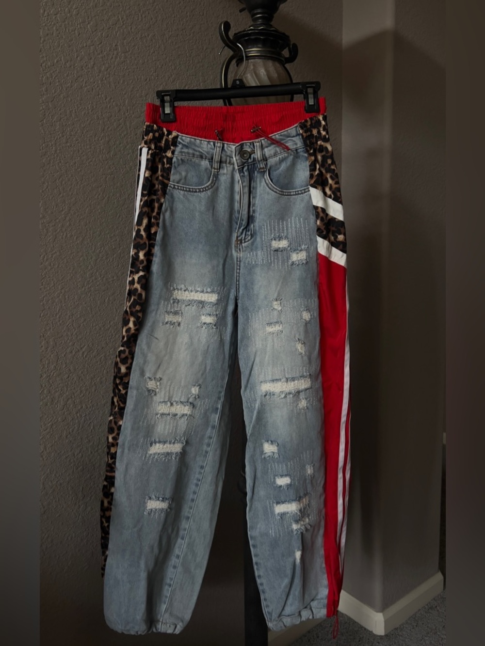 Distressed Light Wash Denim Pants with Red & Leopard Panels